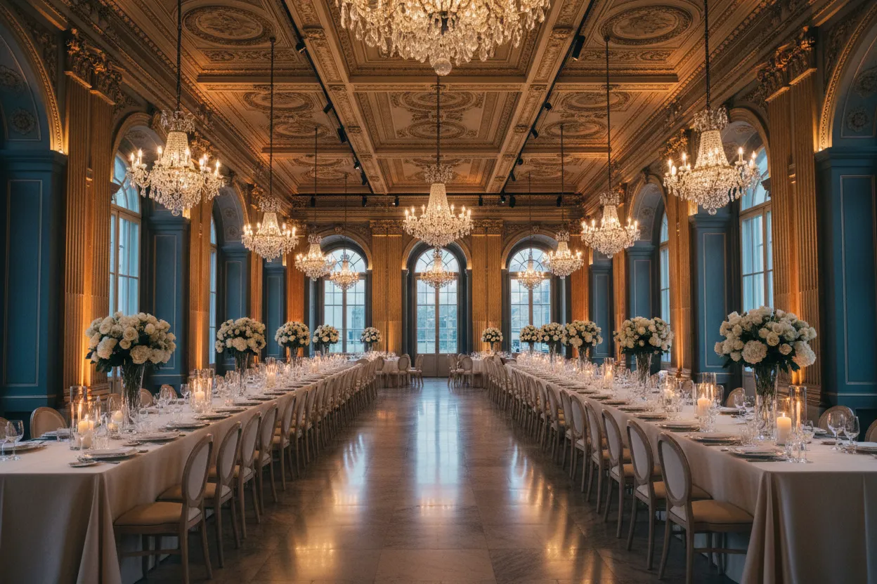 Elegancka sala balowa z kryształowymi żyrandolami