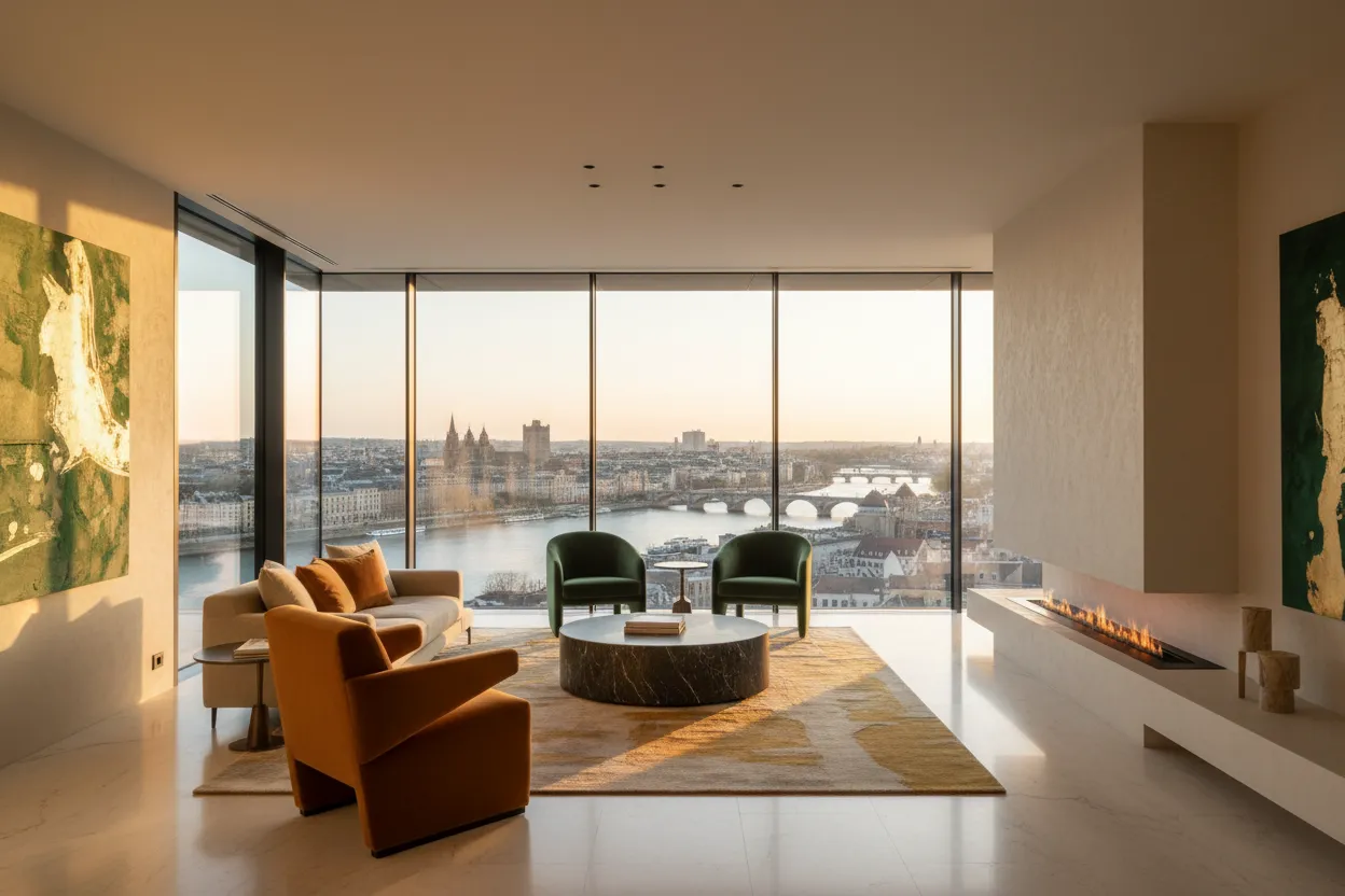 Wnętrze luksusowego penthouse'u z widokiem na rzekę