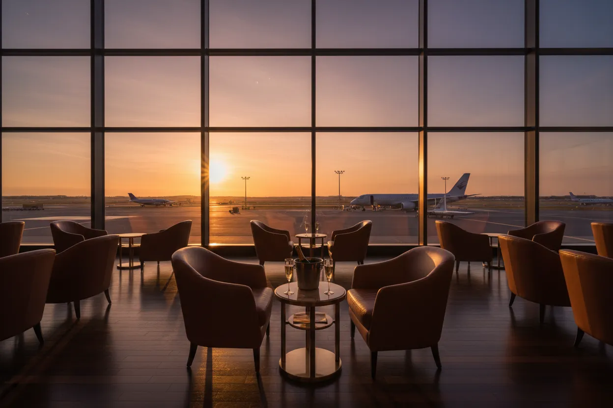 Luksusowy lounge na lotnisku o złotej godzinie