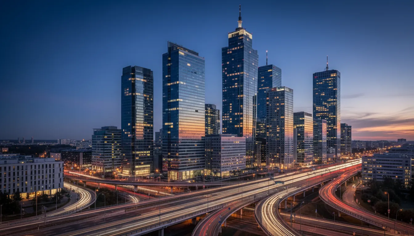 Panorama nowoczesnej dzielnicy finansowej Warszawy o zmierzchu