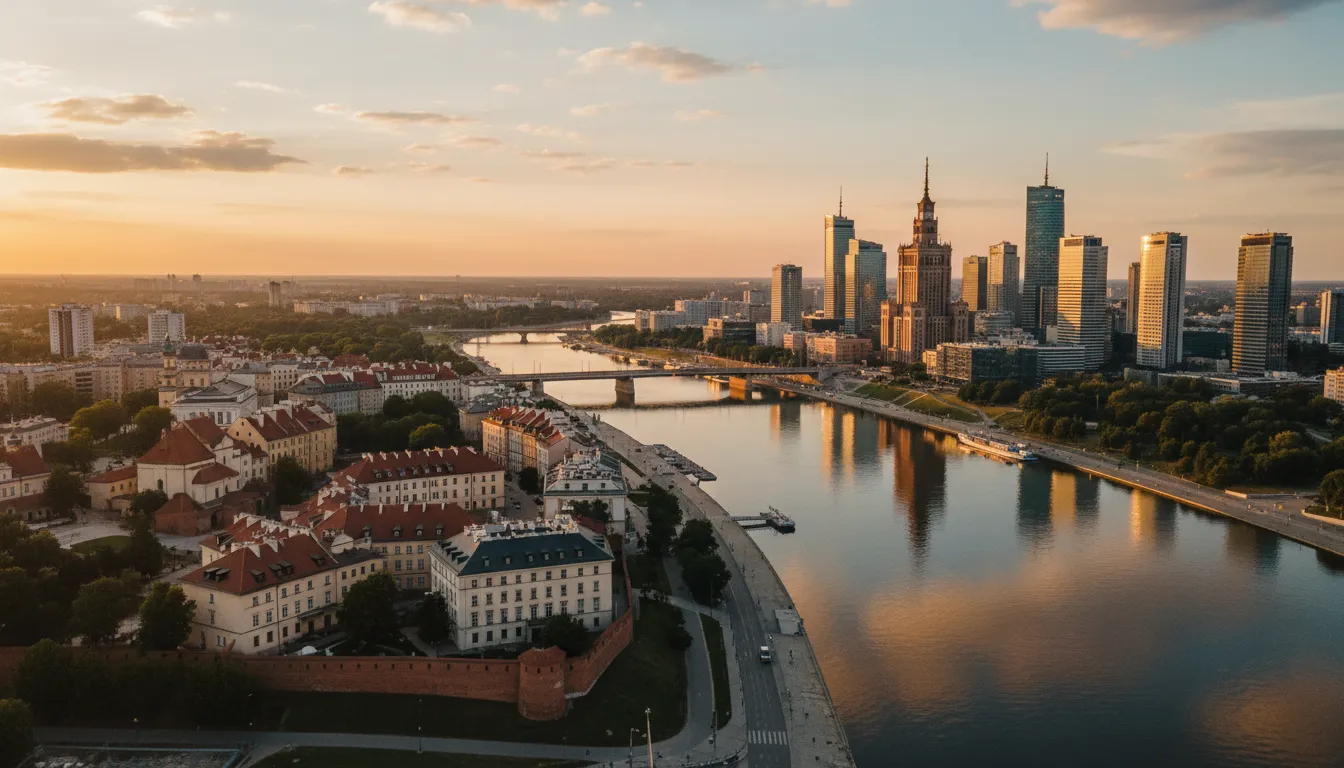Panorama Warszawy o złotej godzinie